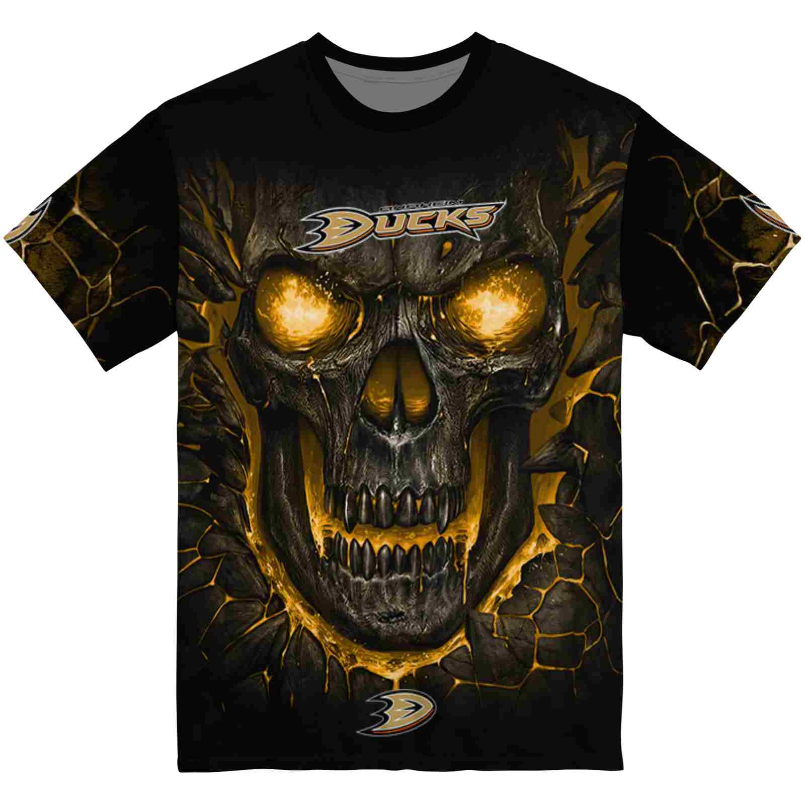 Anaheim Ducks Fiery Skull Gold Black T-Shirt