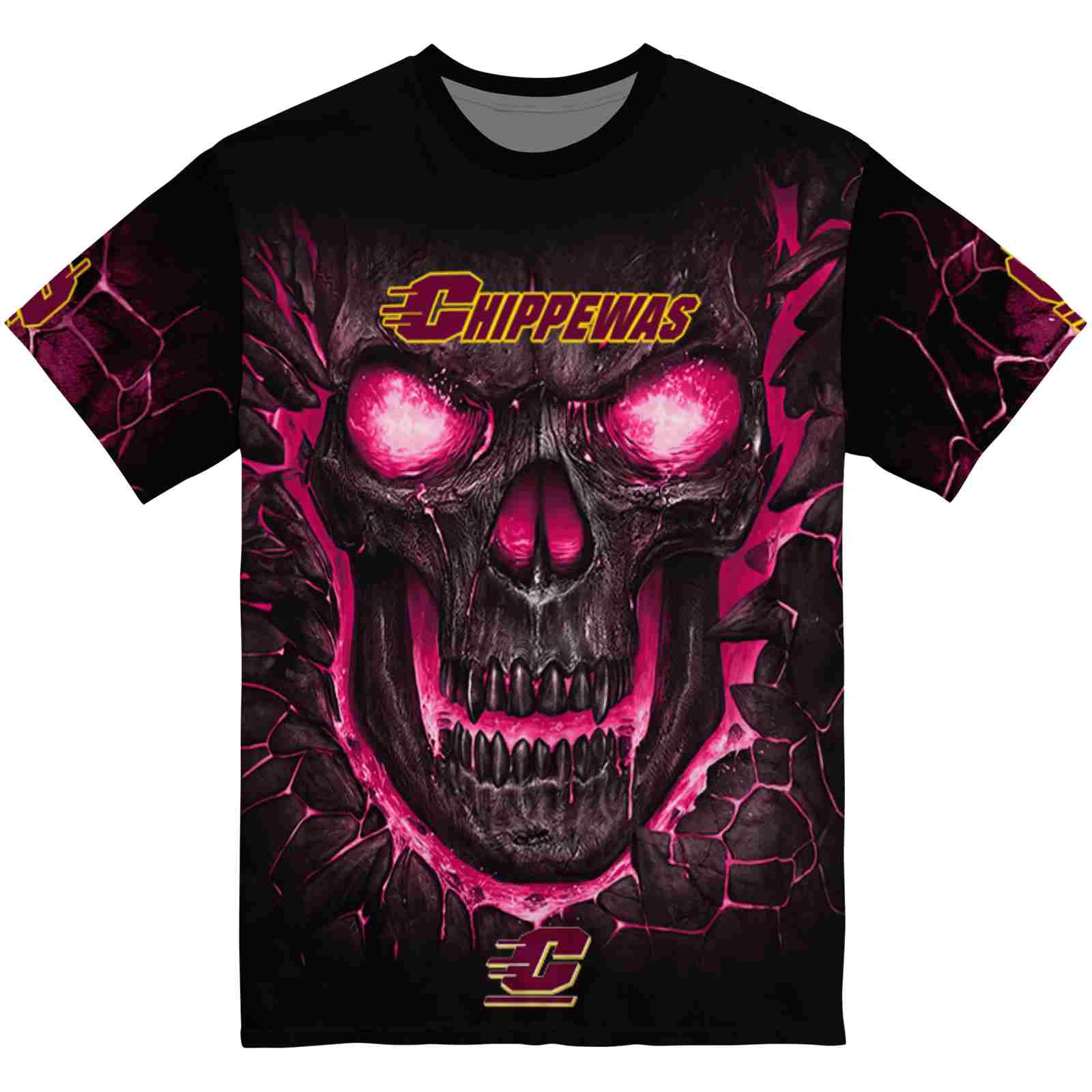 Central Michigan Chippewas Fiery Skull Maroon Black T-Shirt