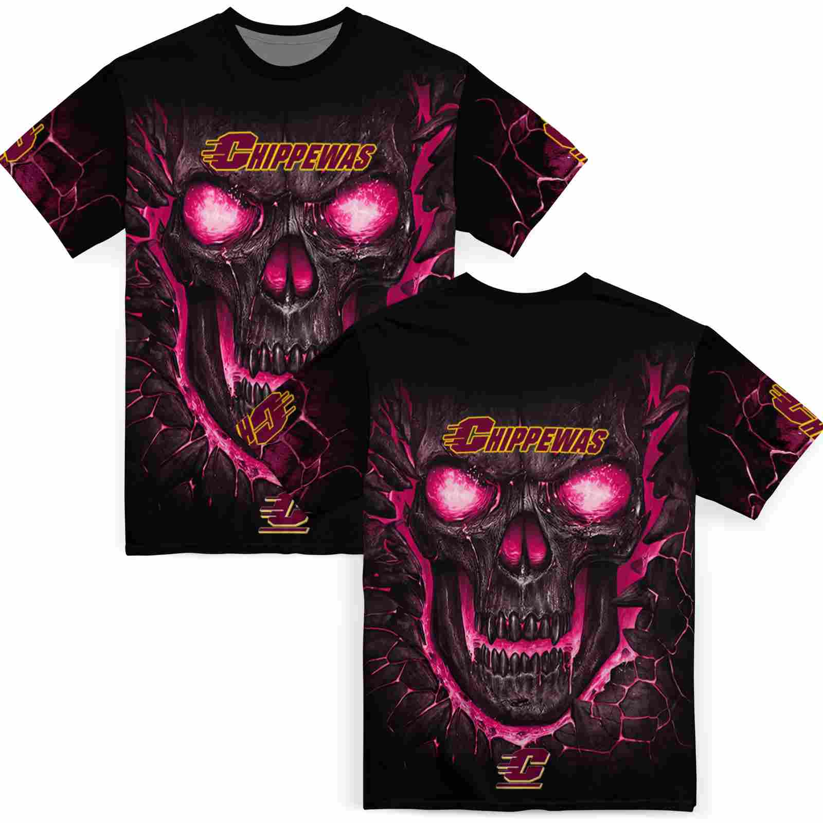 central-michigan-chippewas-fiery-skull-maroon-black-t-shirt-fashion-forward