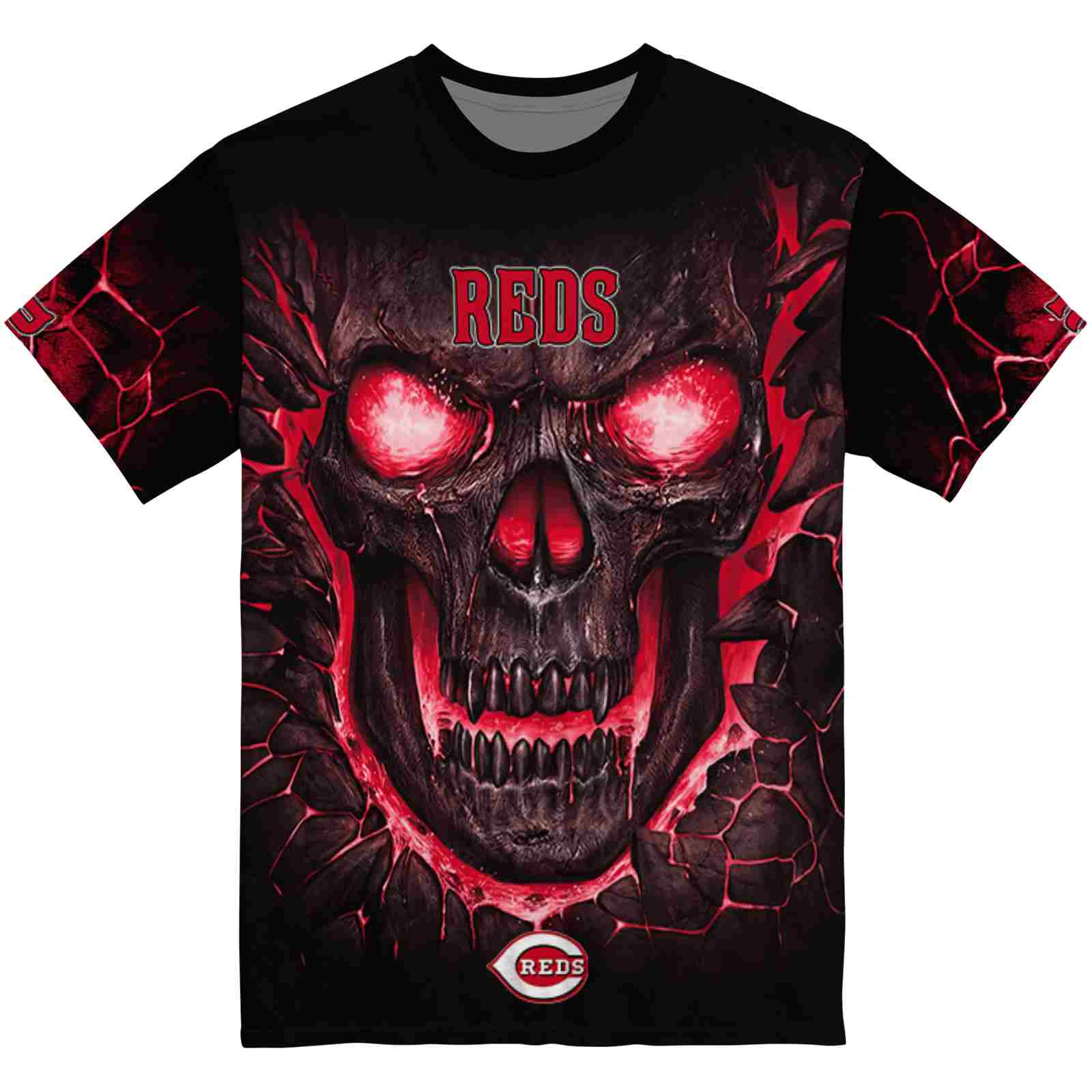 Cincinnati Reds Fiery Skull Red Black T-Shirt