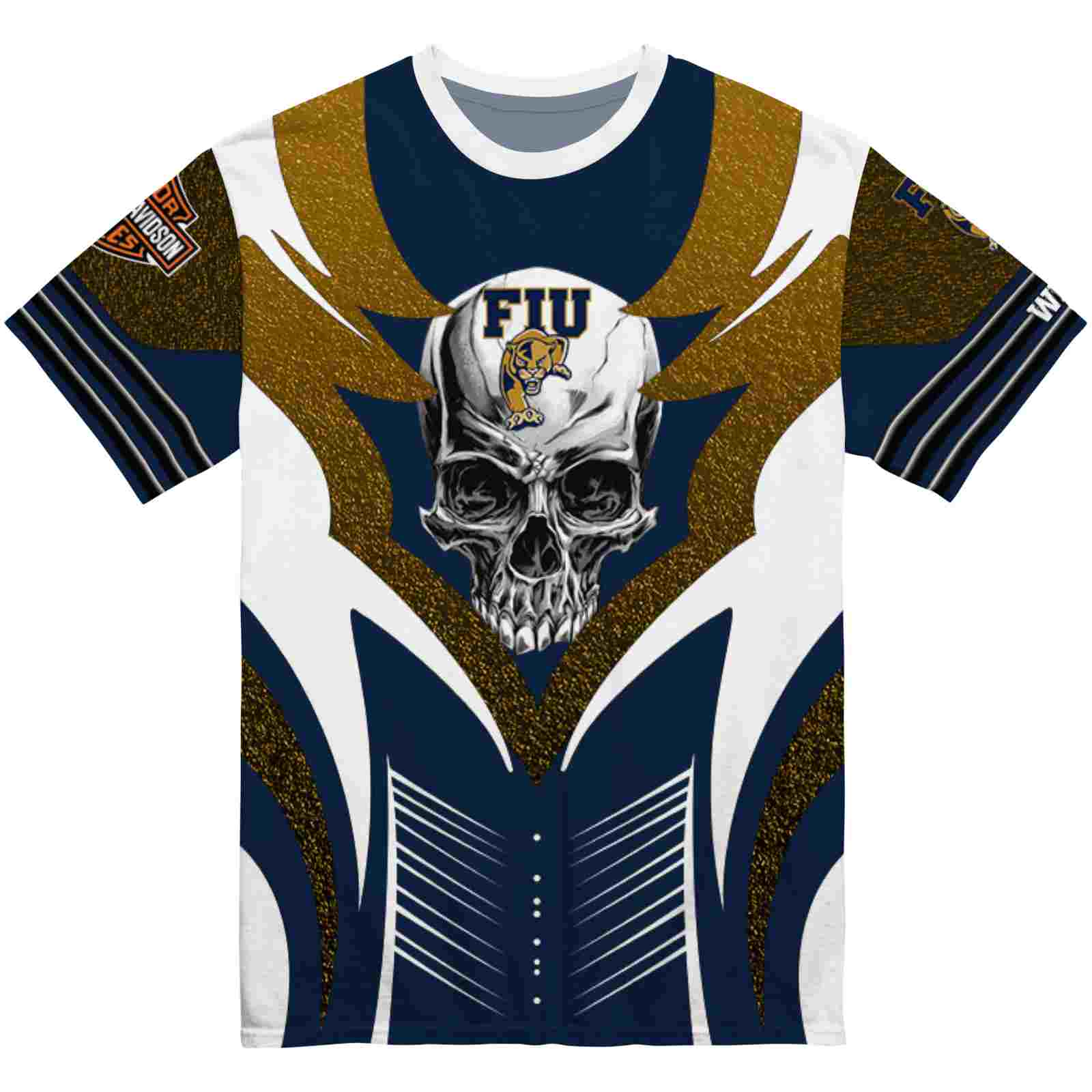 Custom FIU Panthers Skull Emblem Blue White T-Shirt