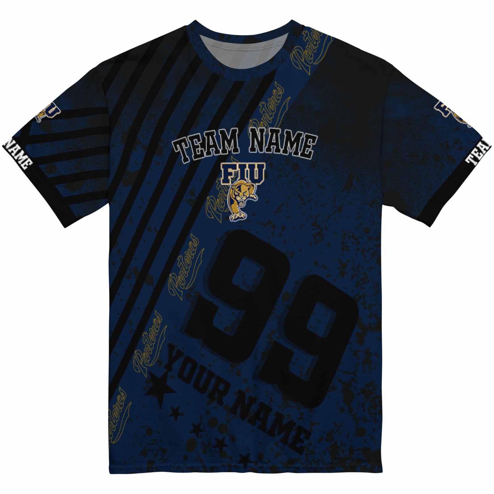 Custom FIU Panthers Splatter Art Blue Black T-Shirt