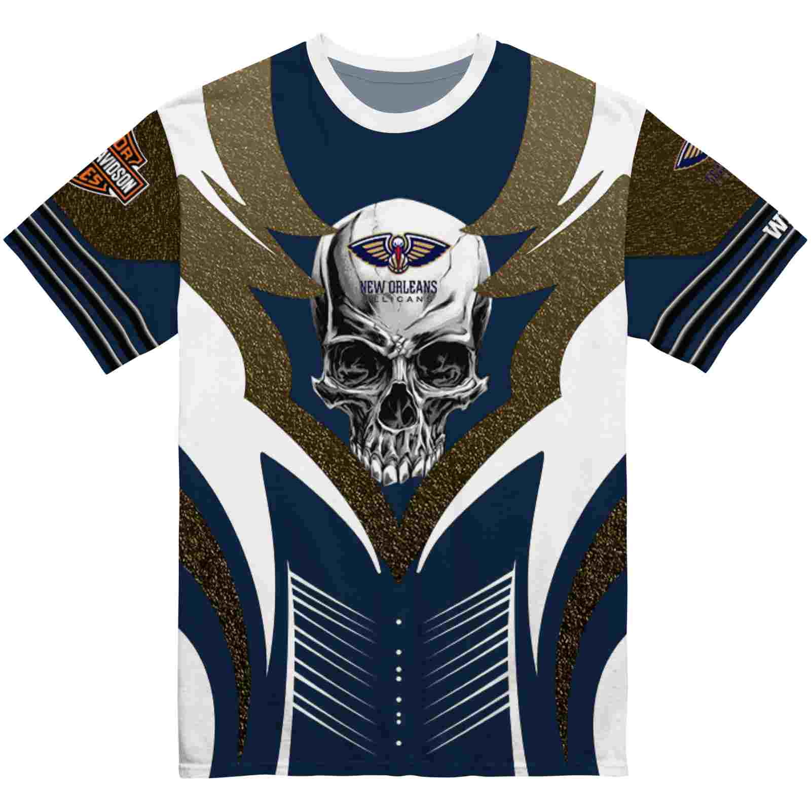 Custom New Orleans Pelicans Skull Emblem Navy White T-Shirt