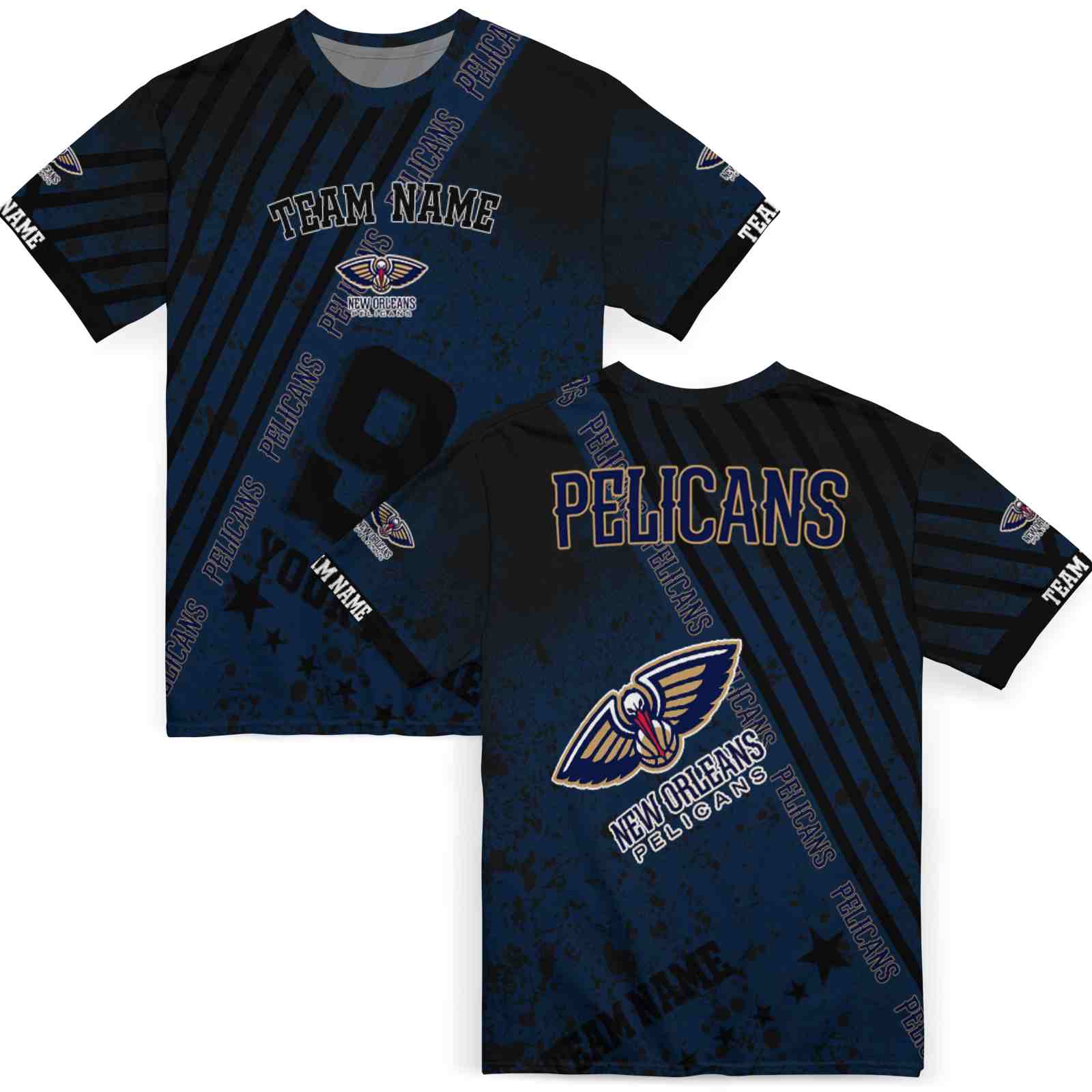 custom-new-orleans-pelicans-splatter-art-navy-black-t-shirt-fashion-forward