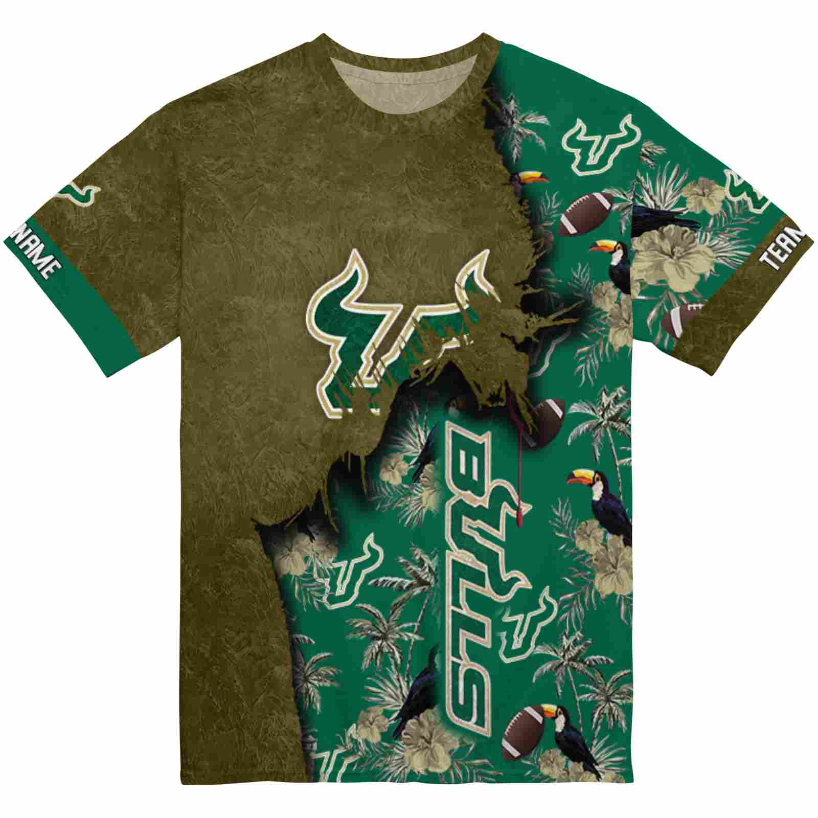 Custom South Florida Bulls Tropical Scene Gold T-Shirt