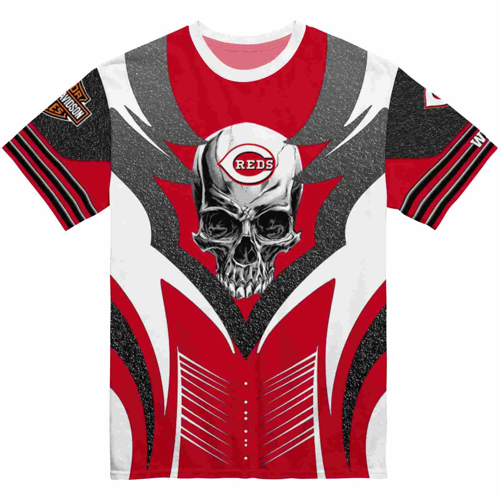 Customized Cincinnati Reds Skull Emblem Red White T-Shirt