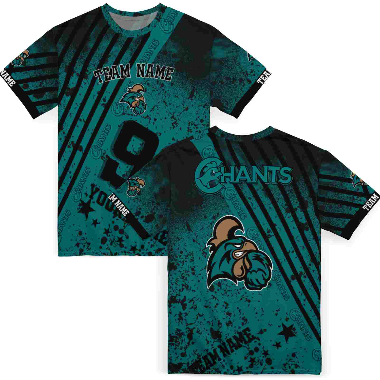 customized-coastal-carolina-chanticleers-splatter-art-green-black-t-shirt-fashion-forward