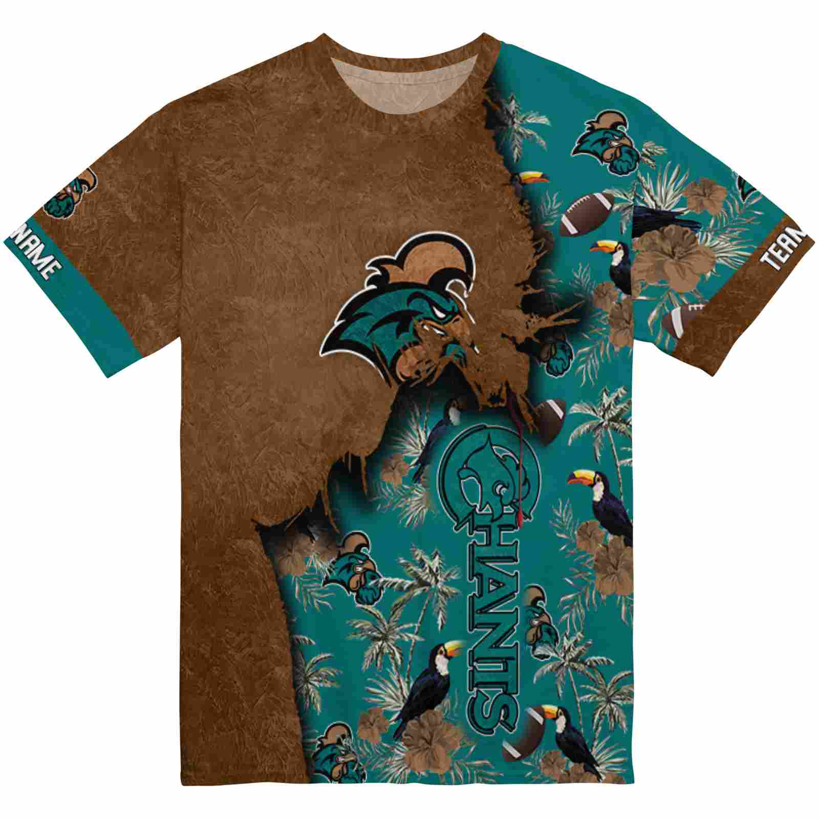 Customized Coastal Carolina Chanticleers Tropical Scene Gold T-Shirt