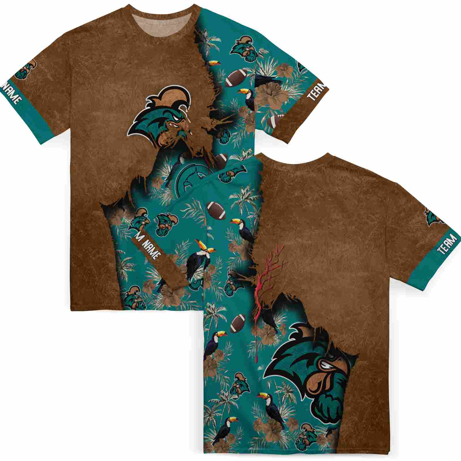 customized-coastal-carolina-chanticleers-tropical-scene-gold-t-shirt-fashion-forward