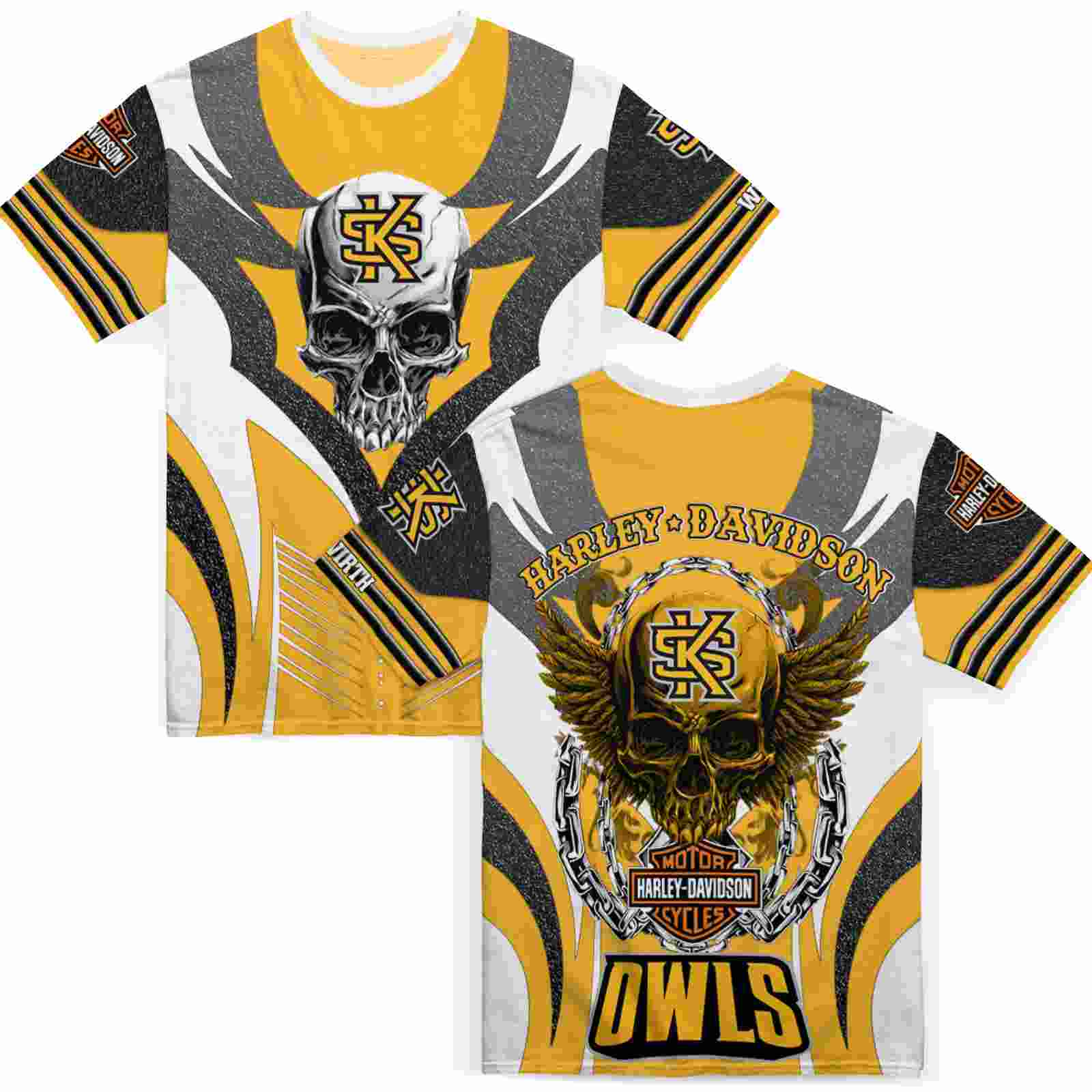 customized-kennesaw-state-owls-skull-emblem-gold-white-t-shirt-fashion-forward