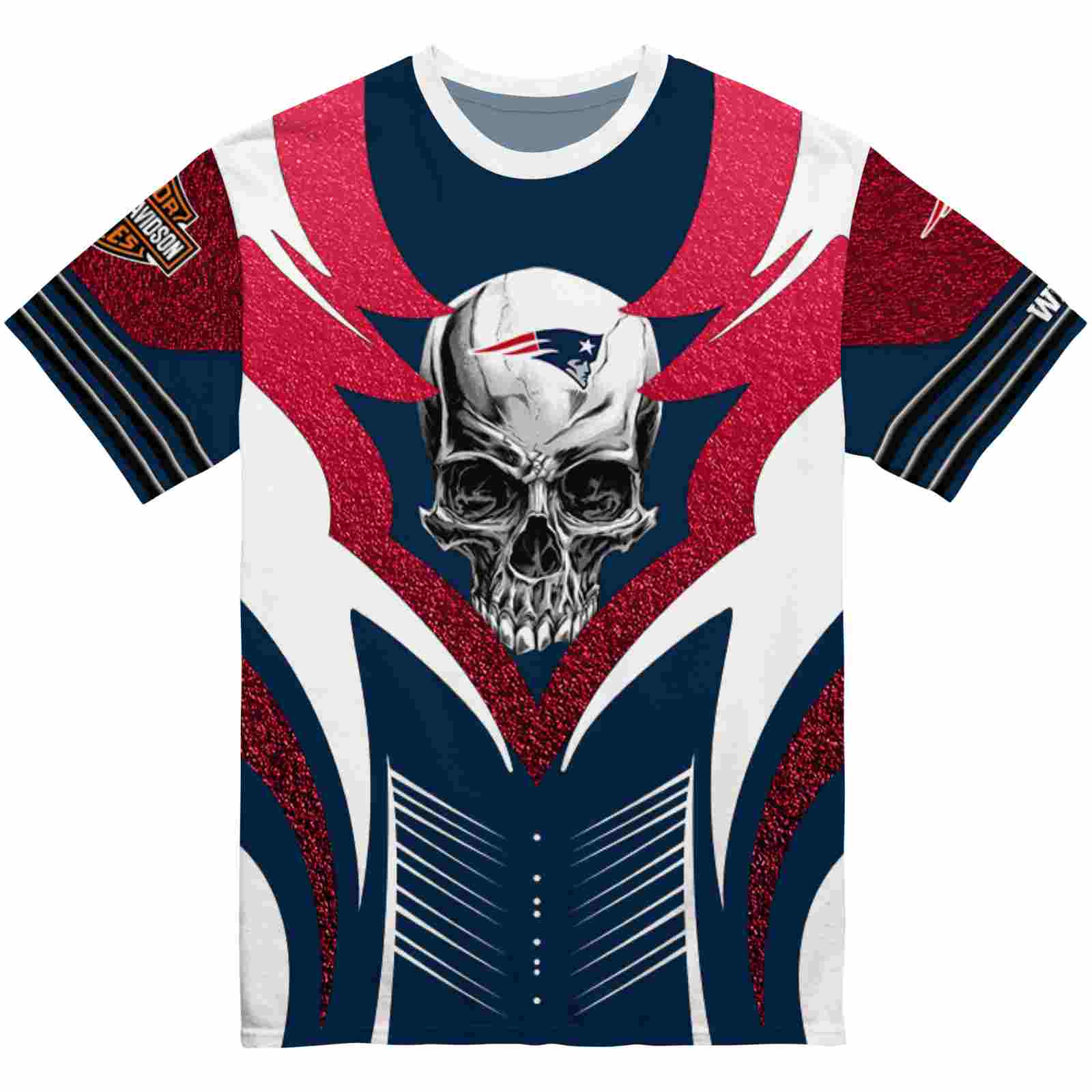 Customized New England Patriots Skull Emblem Blue White T-Shirt