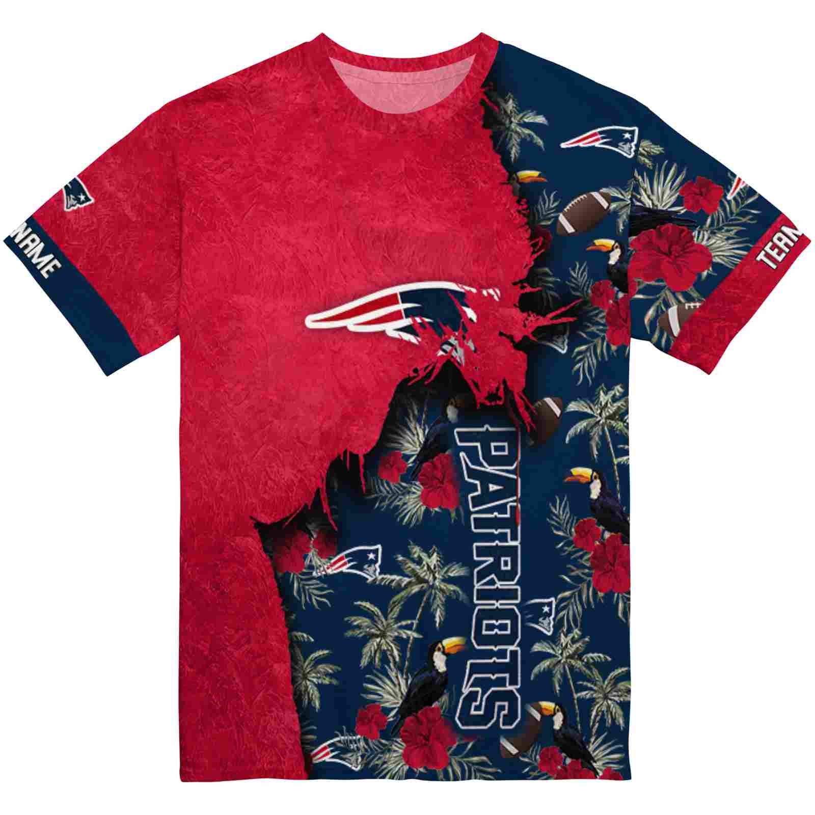 Customized New England Patriots Tropical Scene Red T-Shirt