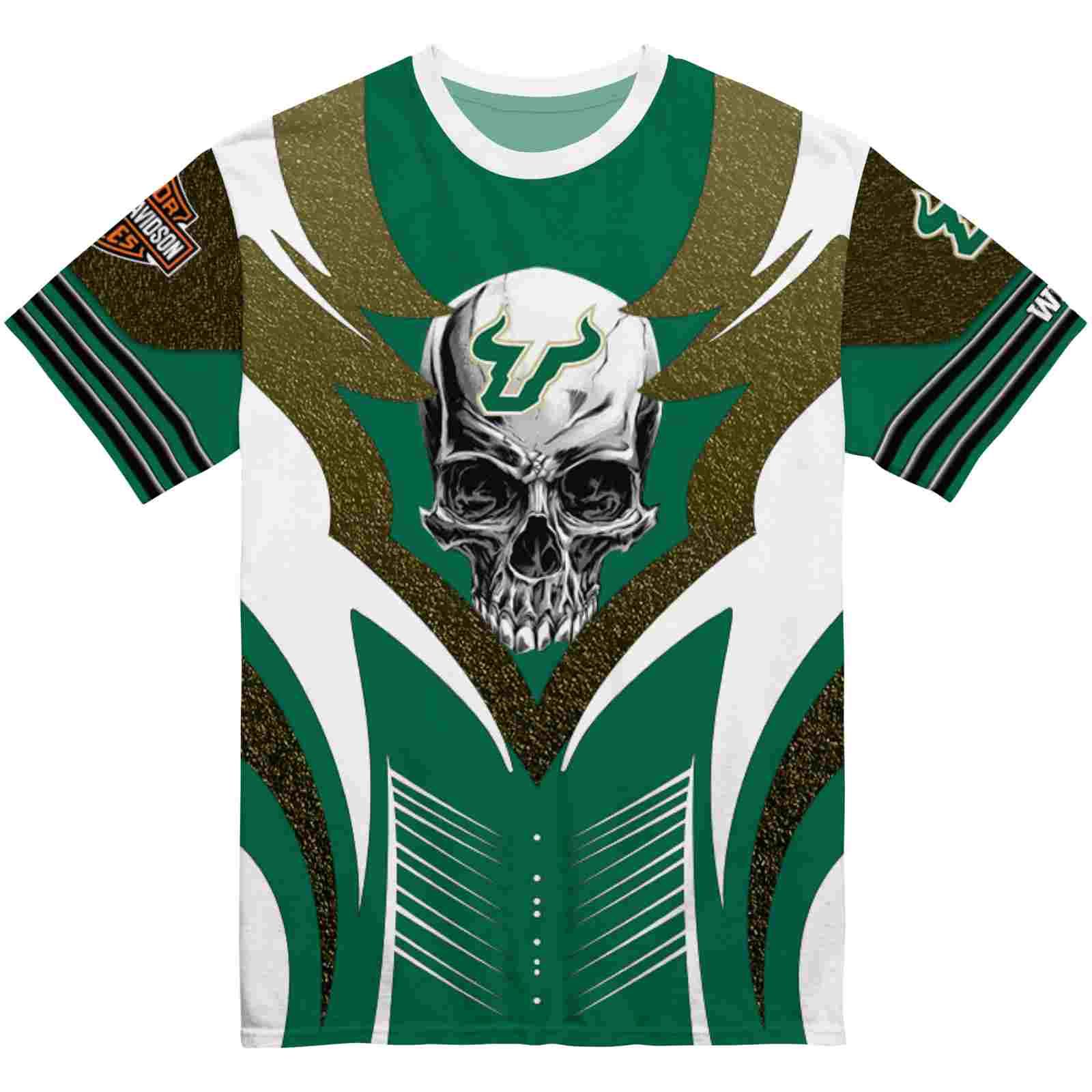 Customized South Florida Bulls Skull Emblem Green White T-Shirt