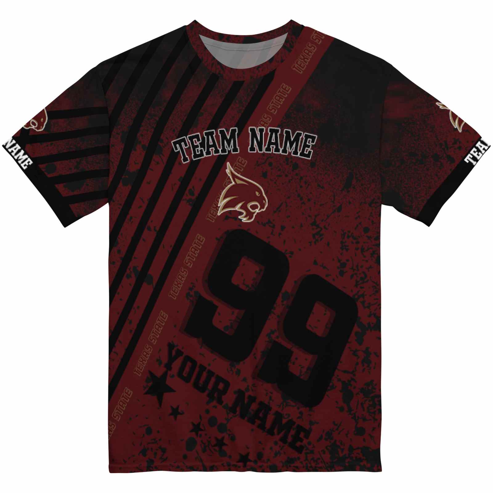 Customized Texas State Bobcats Splatter Art Maroon Black T-Shirt