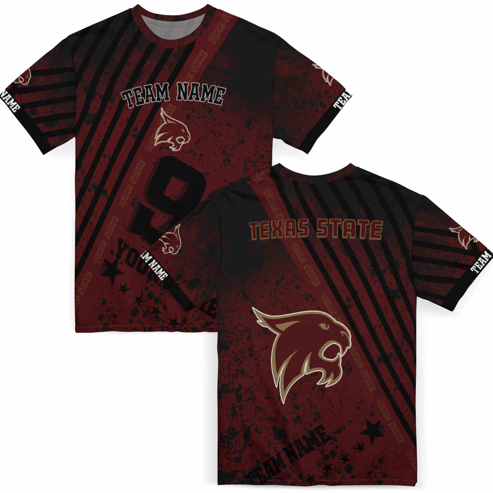 customized-texas-state-bobcats-splatter-art-maroon-black-t-shirt-fashion-forward