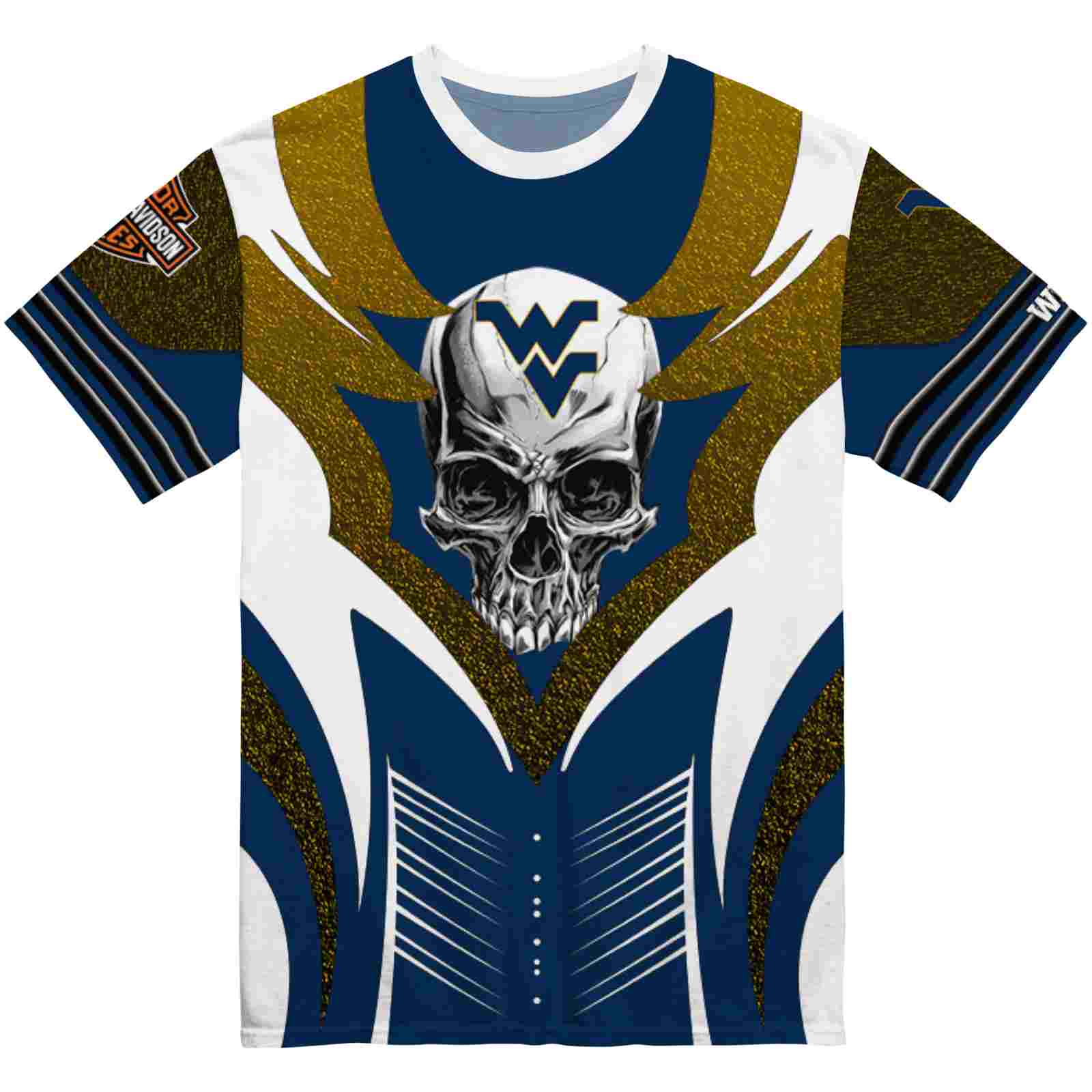 Customized West Virginia Mountaineers Skull Emblem Blue White T-Shirt