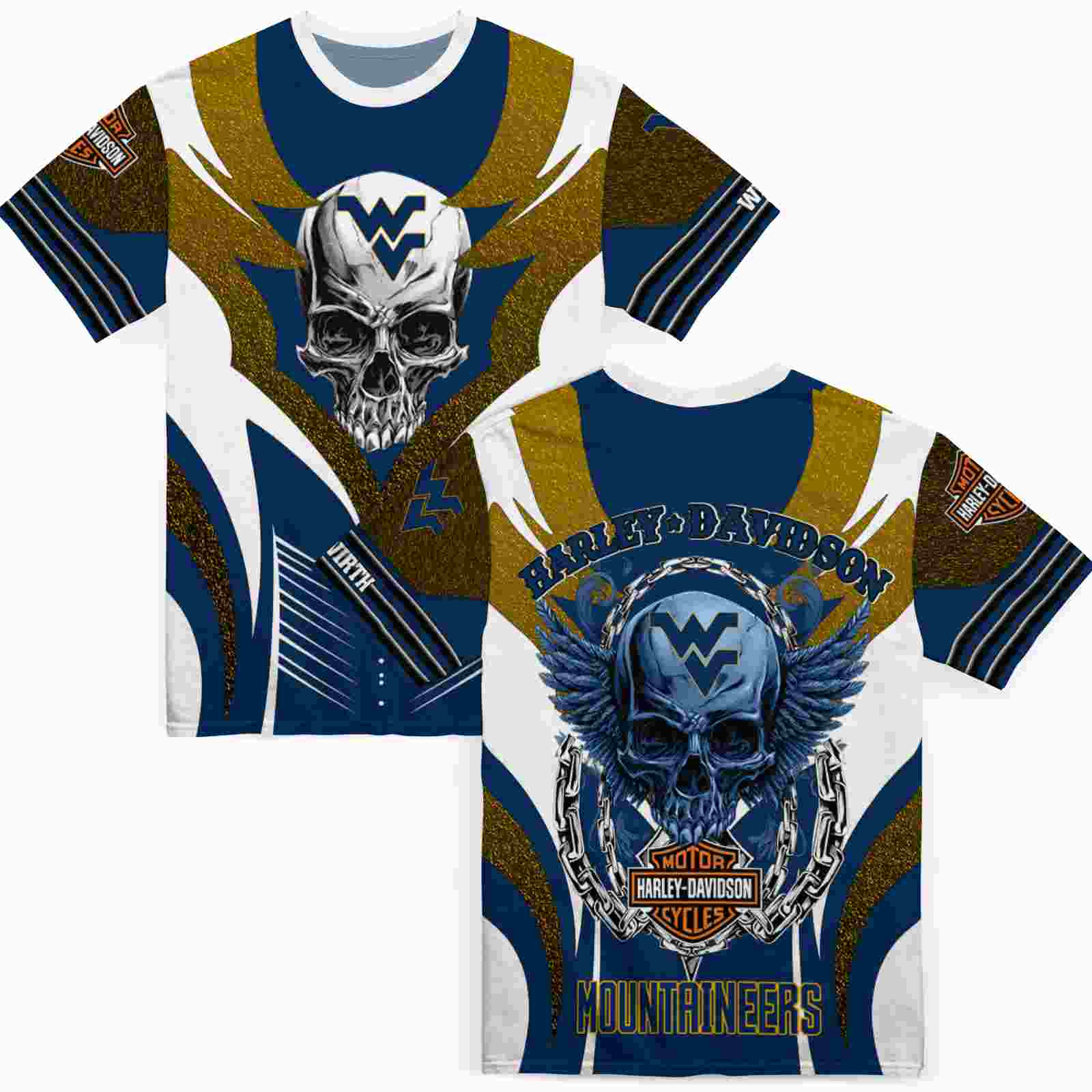 customized-west-virginia-mountaineers-skull-emblem-blue-white-t-shirt-fashion-forward