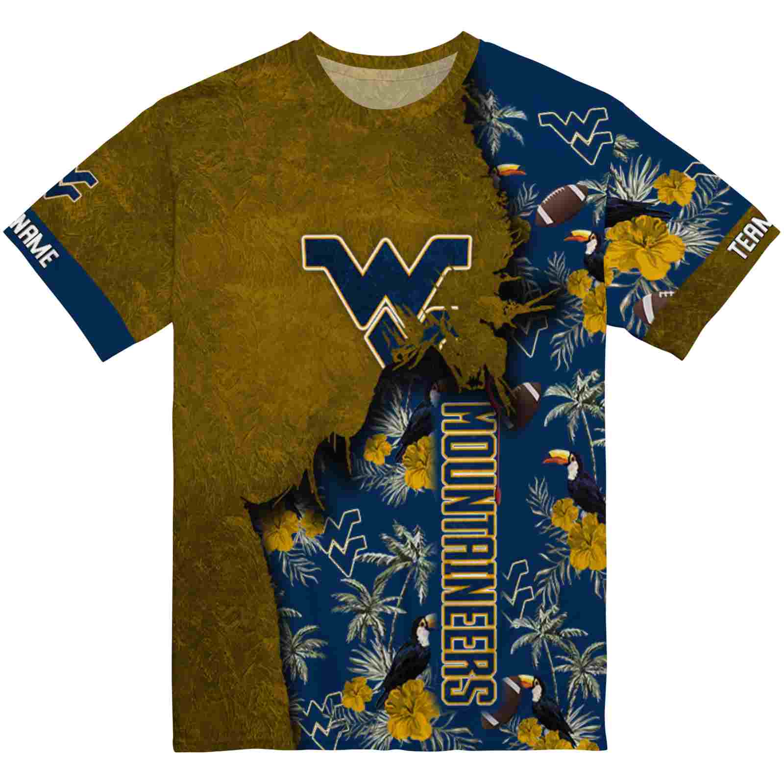 Customized West Virginia Mountaineers Tropical Scene Gold T-Shirt