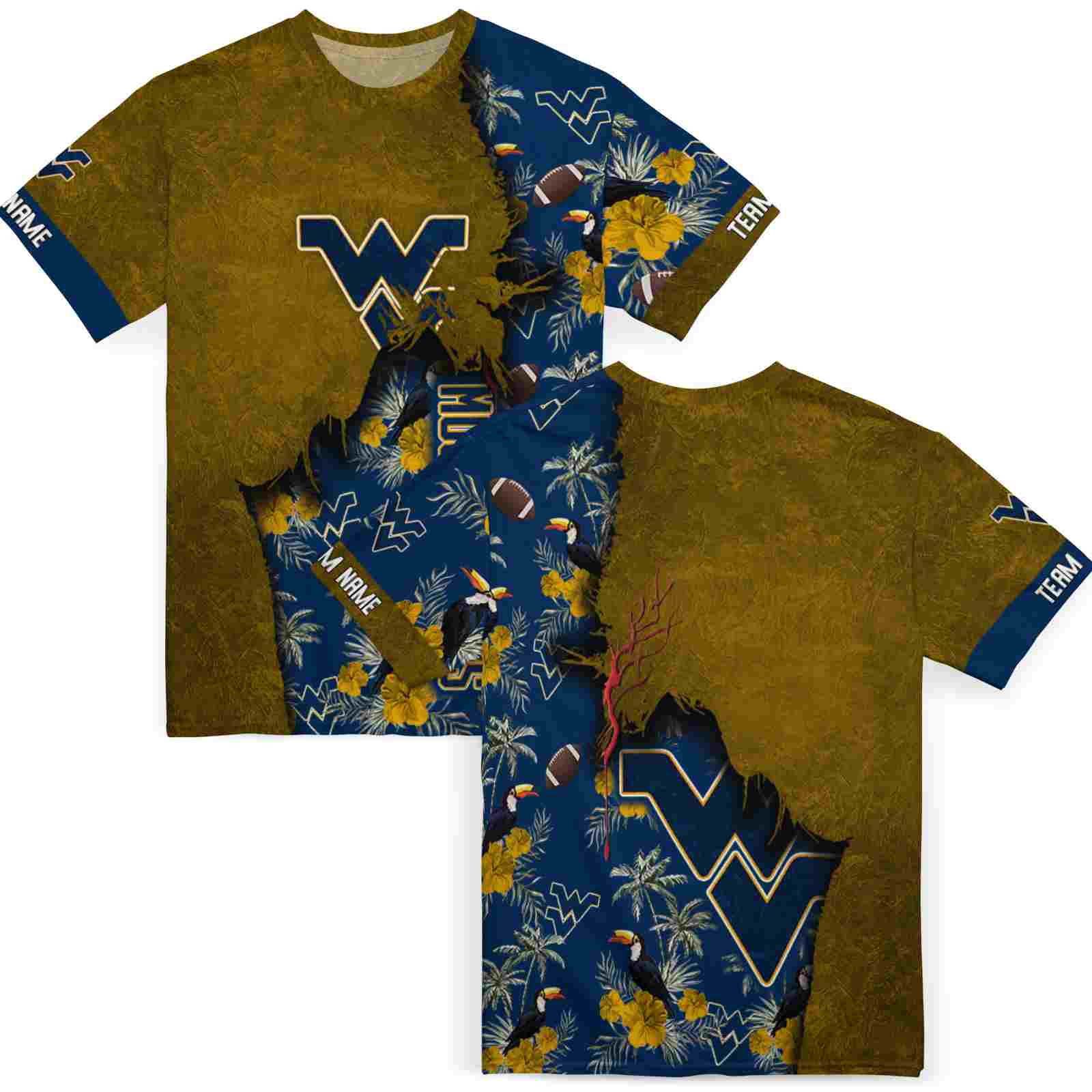 customized-west-virginia-mountaineers-tropical-scene-gold-t-shirt-fashion-forward