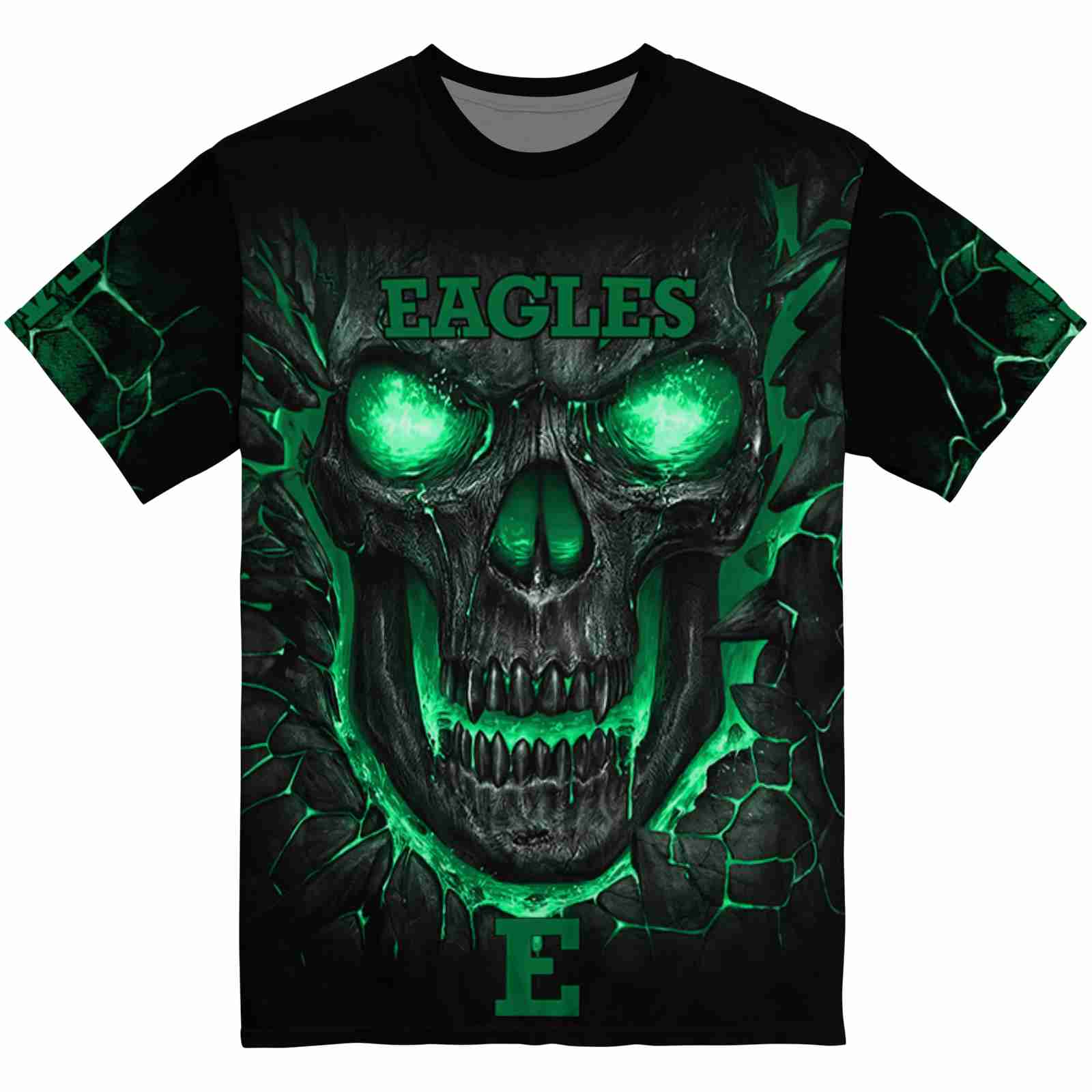 Eastern Michigan Eagles Fiery Skull Green Black T-Shirt