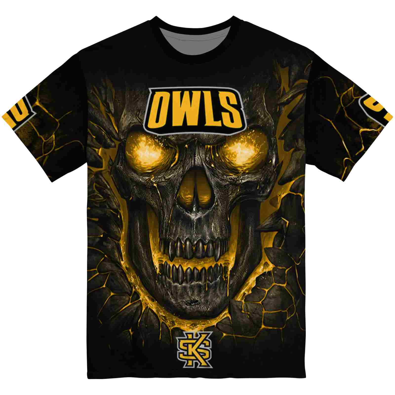 Kennesaw State Owls Fiery Skull Gold Black T-Shirt