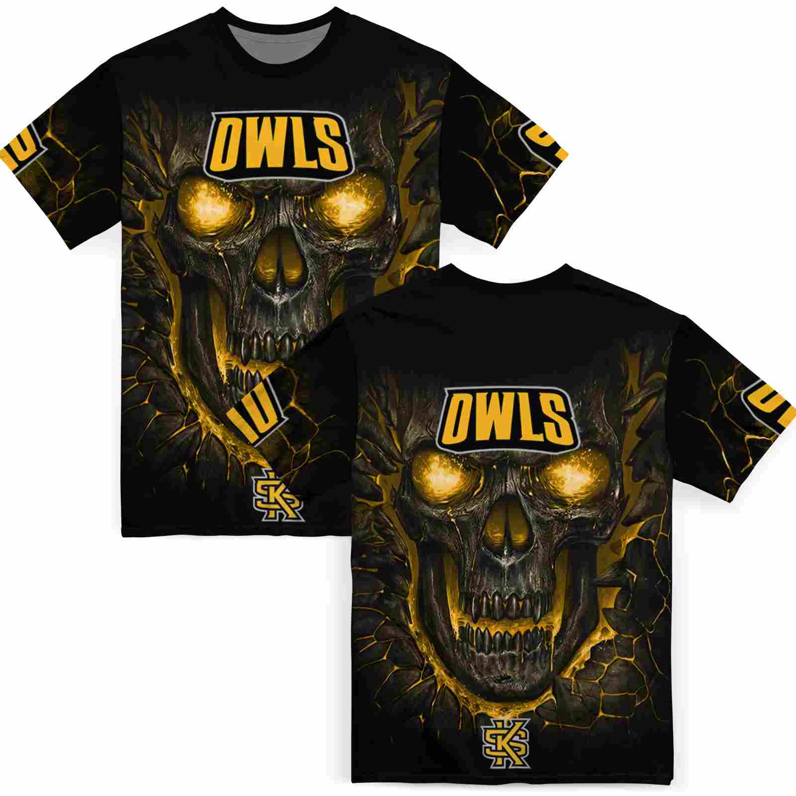 kennesaw-state-owls-fiery-skull-gold-black-t-shirt-fashion-forward