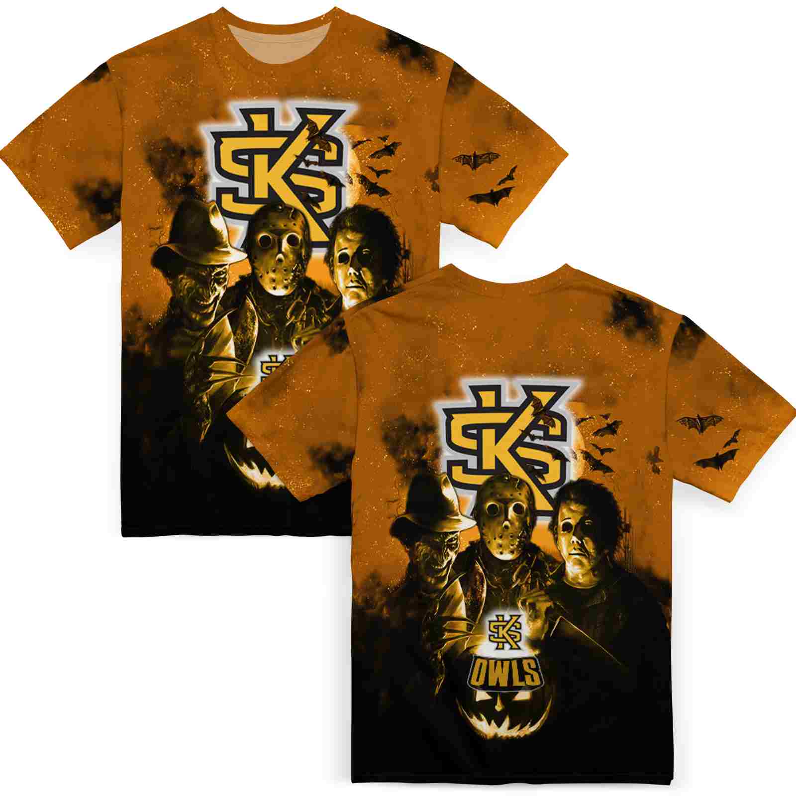 kennesaw-state-owls-horror-icons-gold-black-t-shirt-fashion-forward