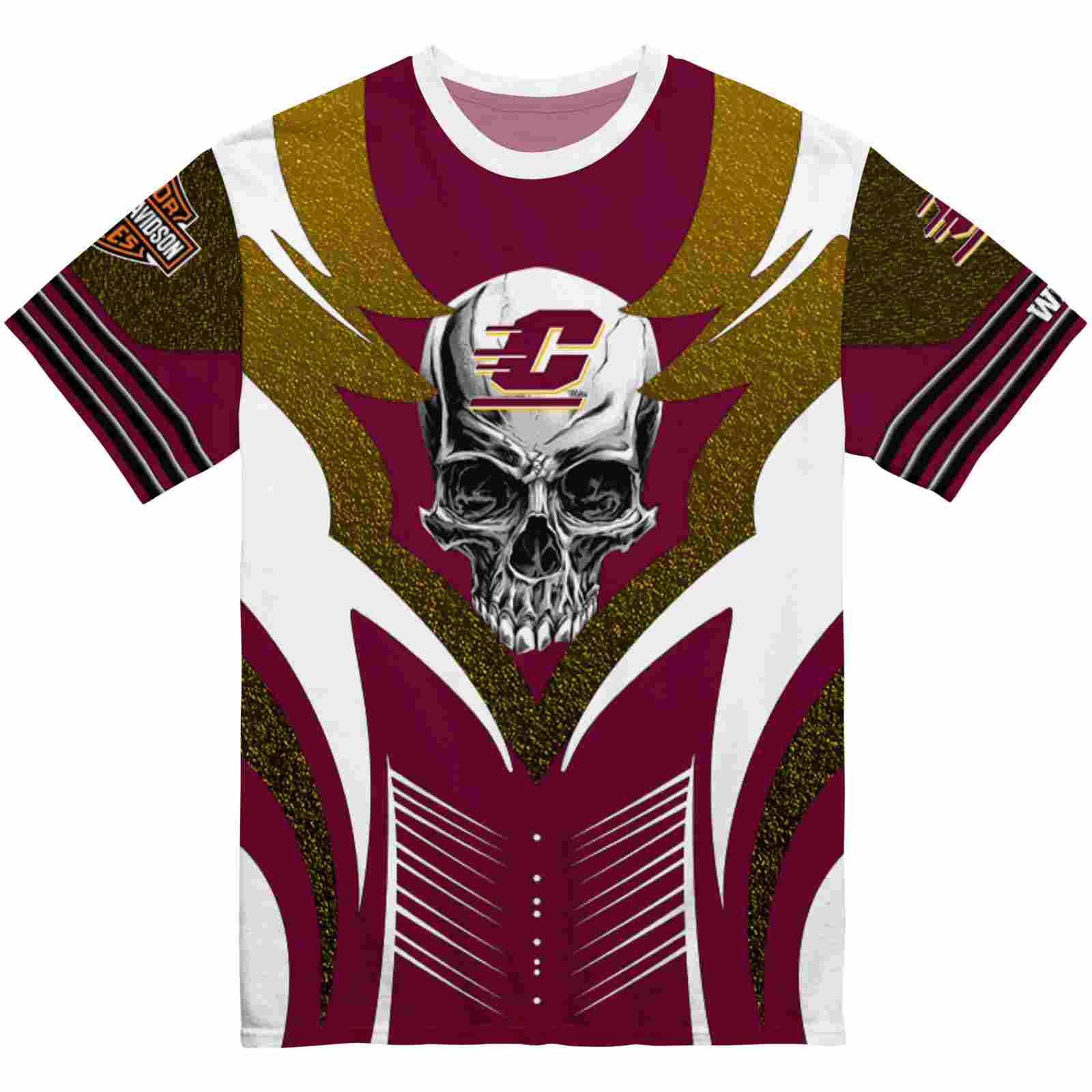 Personalized Central Michigan Chippewas Skull Emblem Maroon White T-Shirt