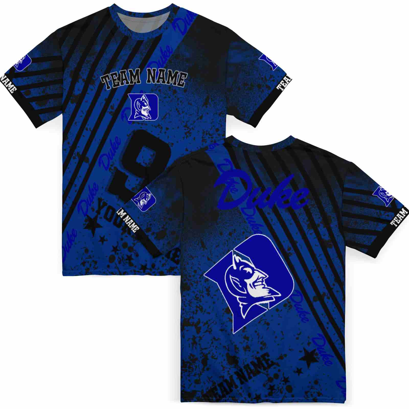 personalized-duke-blue-devils-splatter-art-blue-black-t-shirt-fashion-forward