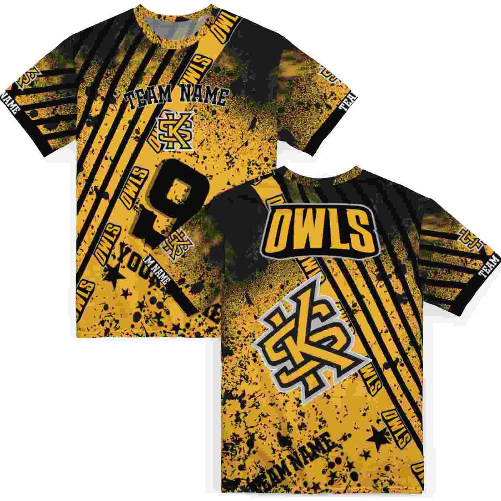 personalized-kennesaw-state-owls-splatter-art-gold-black-t-shirt-fashion-forward