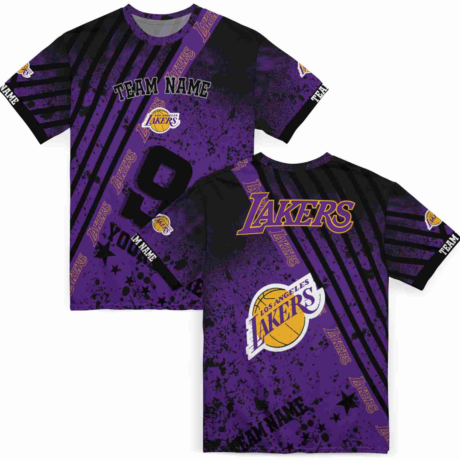 personalized-los-angeles-lakers-splatter-art-purple-black-t-shirt-fashion-forward