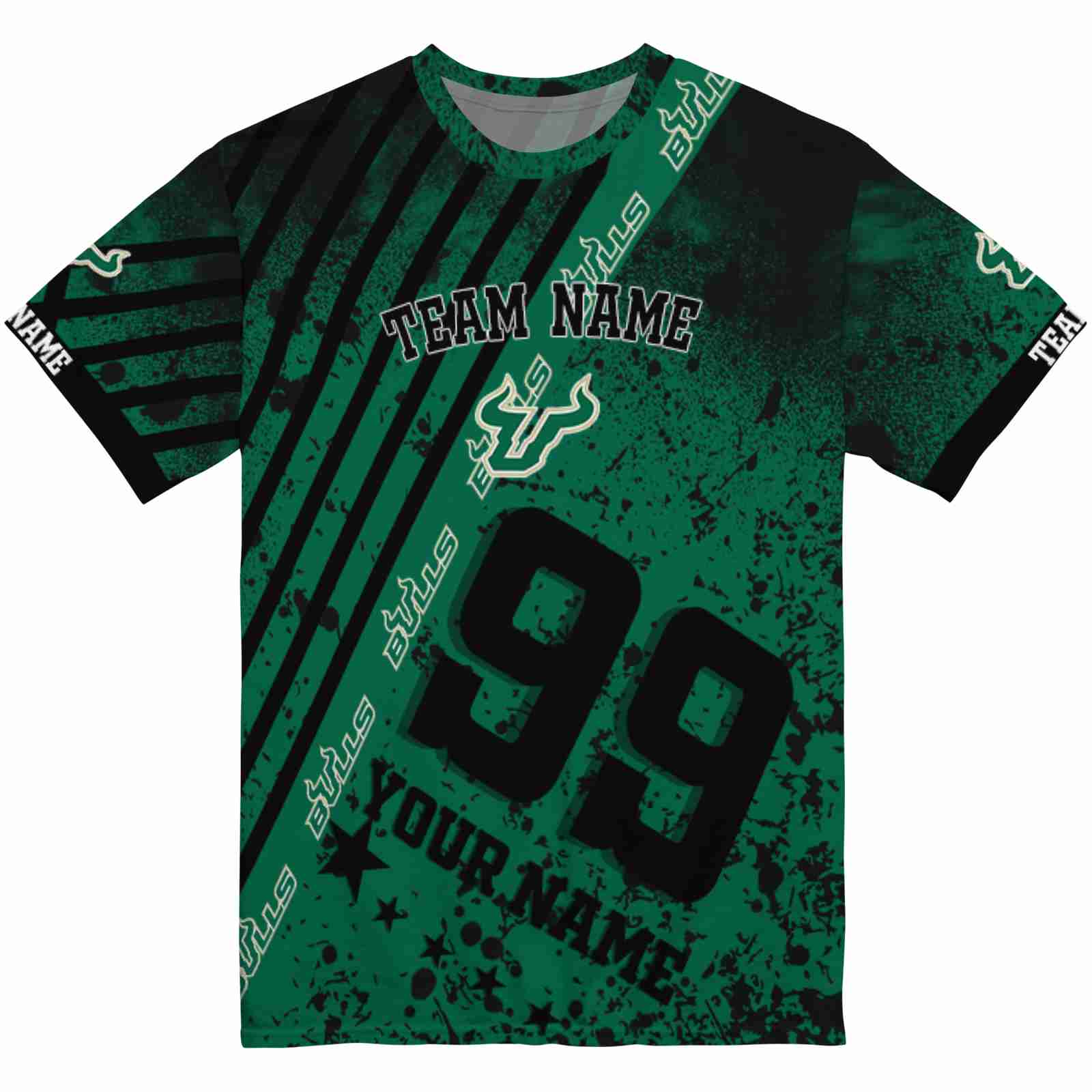 Personalized South Florida Bulls Splatter Art Green Black T-Shirt