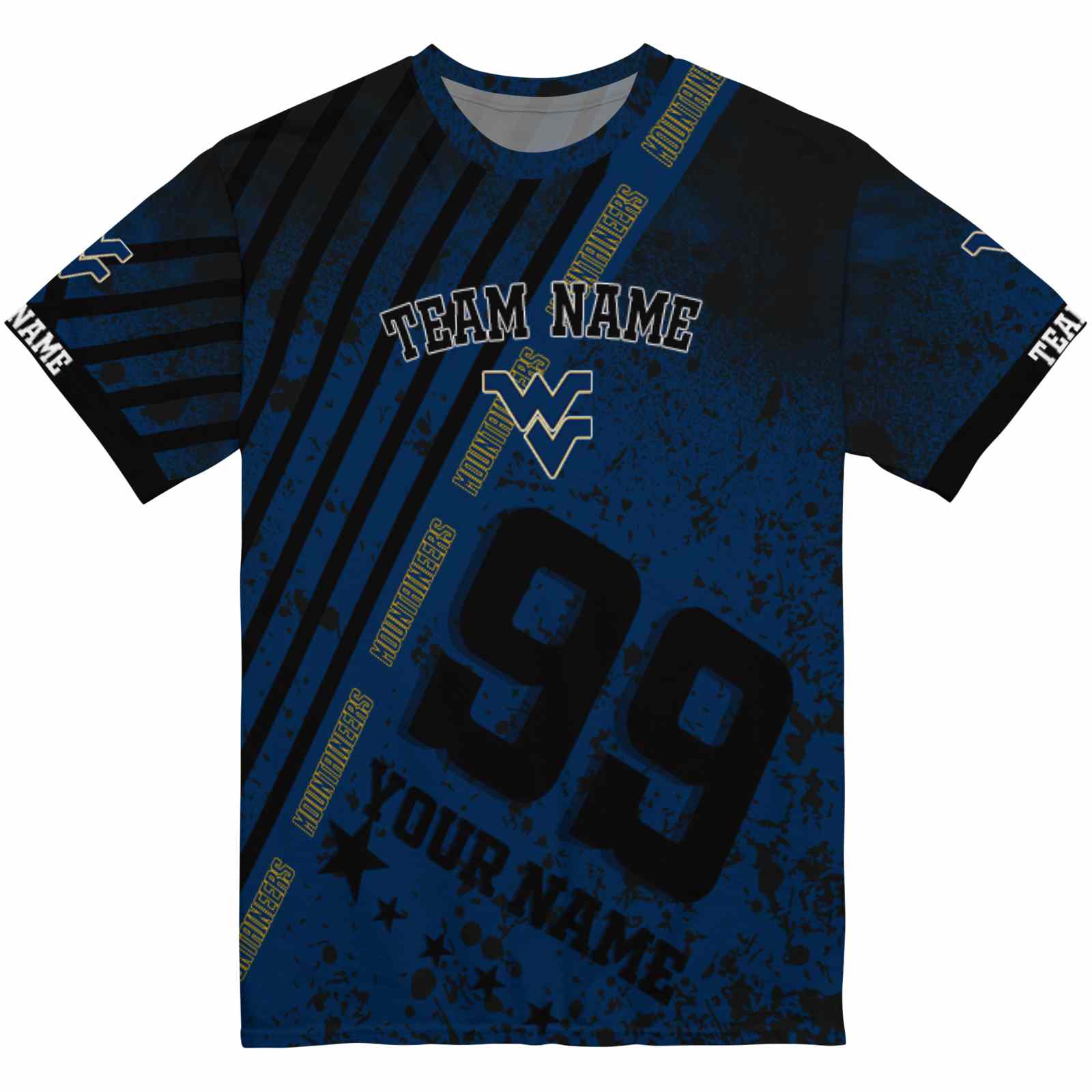 Personalized West Virginia Mountaineers Splatter Art Blue Black T-Shirt