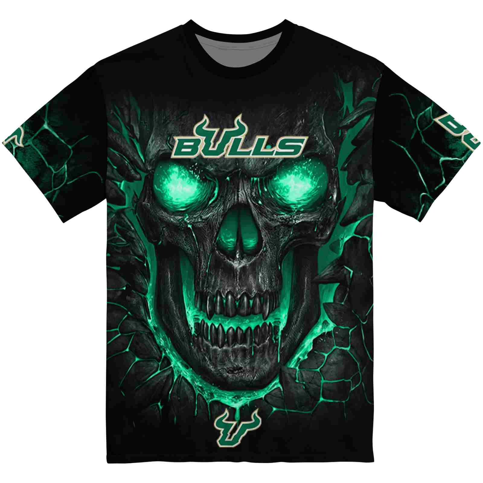 South Florida Bulls Fiery Skull Green Black T-Shirt