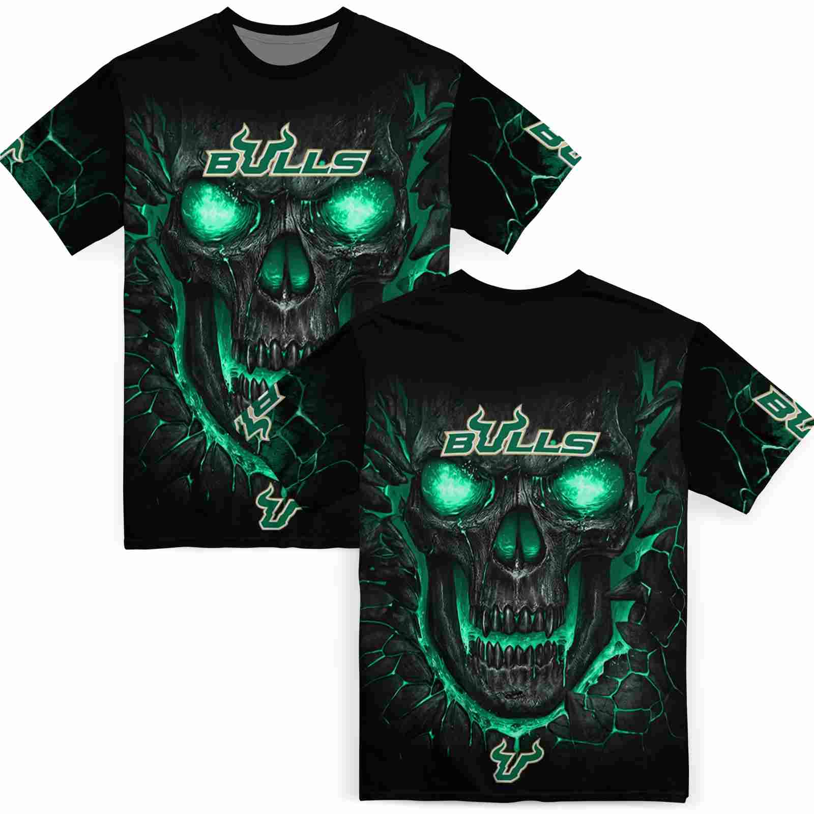 south-florida-bulls-fiery-skull-green-black-t-shirt-fashion-forward