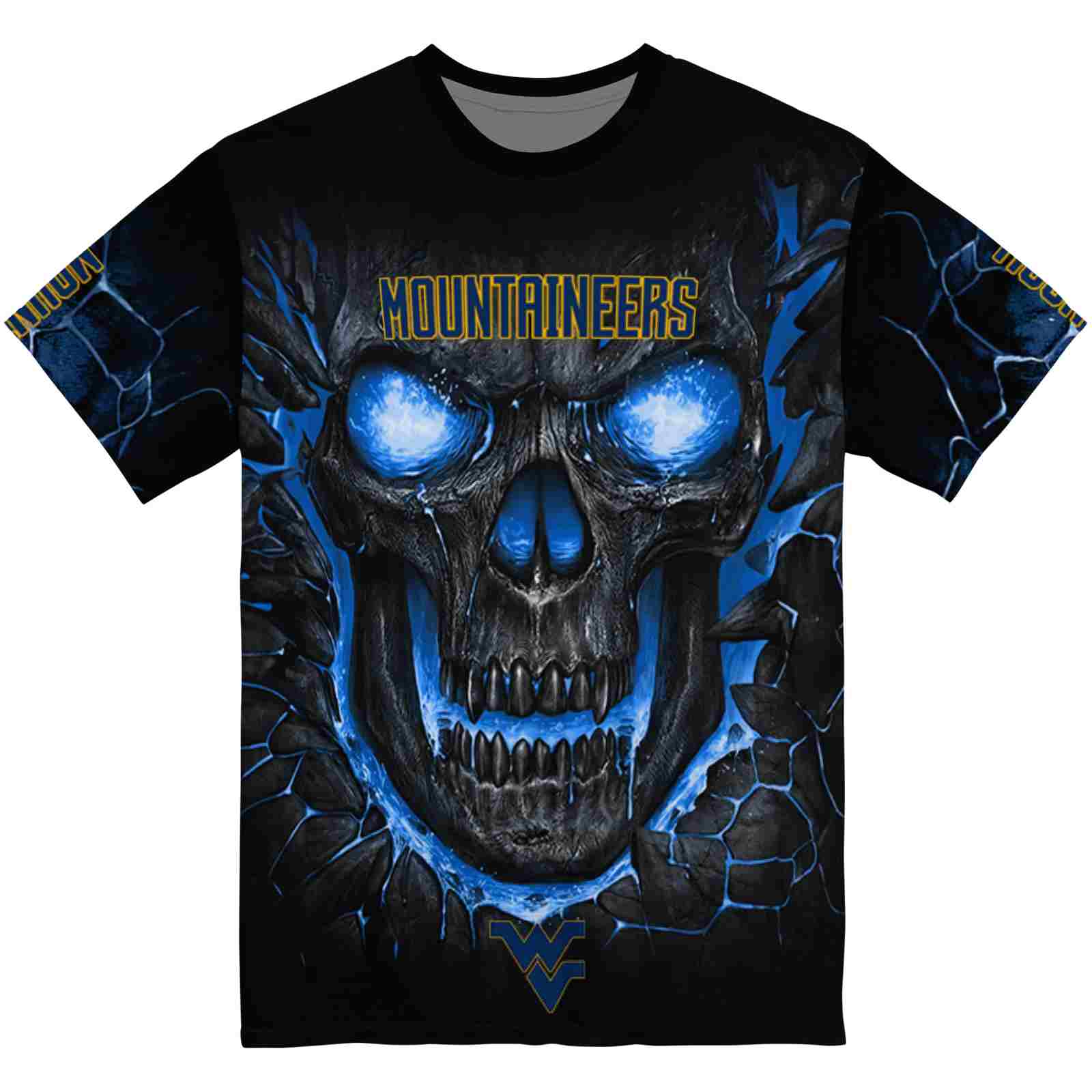 West Virginia Mountaineers Fiery Skull Blue Black T-Shirt