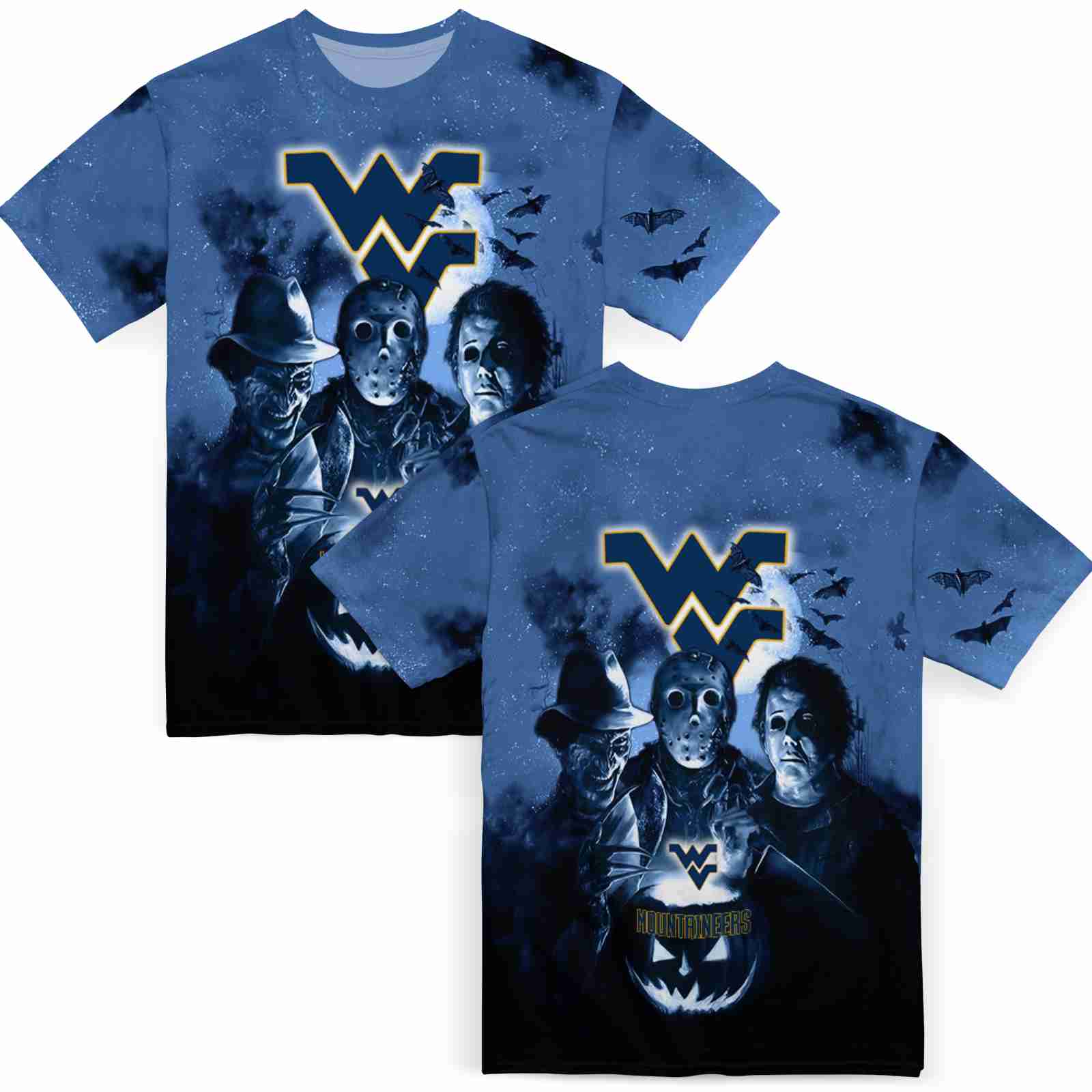 west-virginia-mountaineers-horror-icons-blue-black-t-shirt-fashion-forward